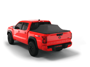 Red 2023 Nissan Frontier 6' Bed with gear in the truck bed and the Sawtooth Stretch tonneau cover expanded over cargo load