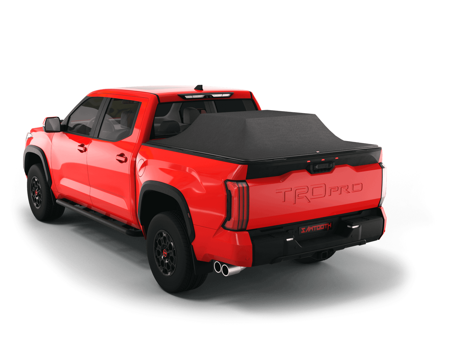 Red Toyota Tundra with gear in the truck bed and the Sawtooth Stretch tonneau cover expanded over cargo load