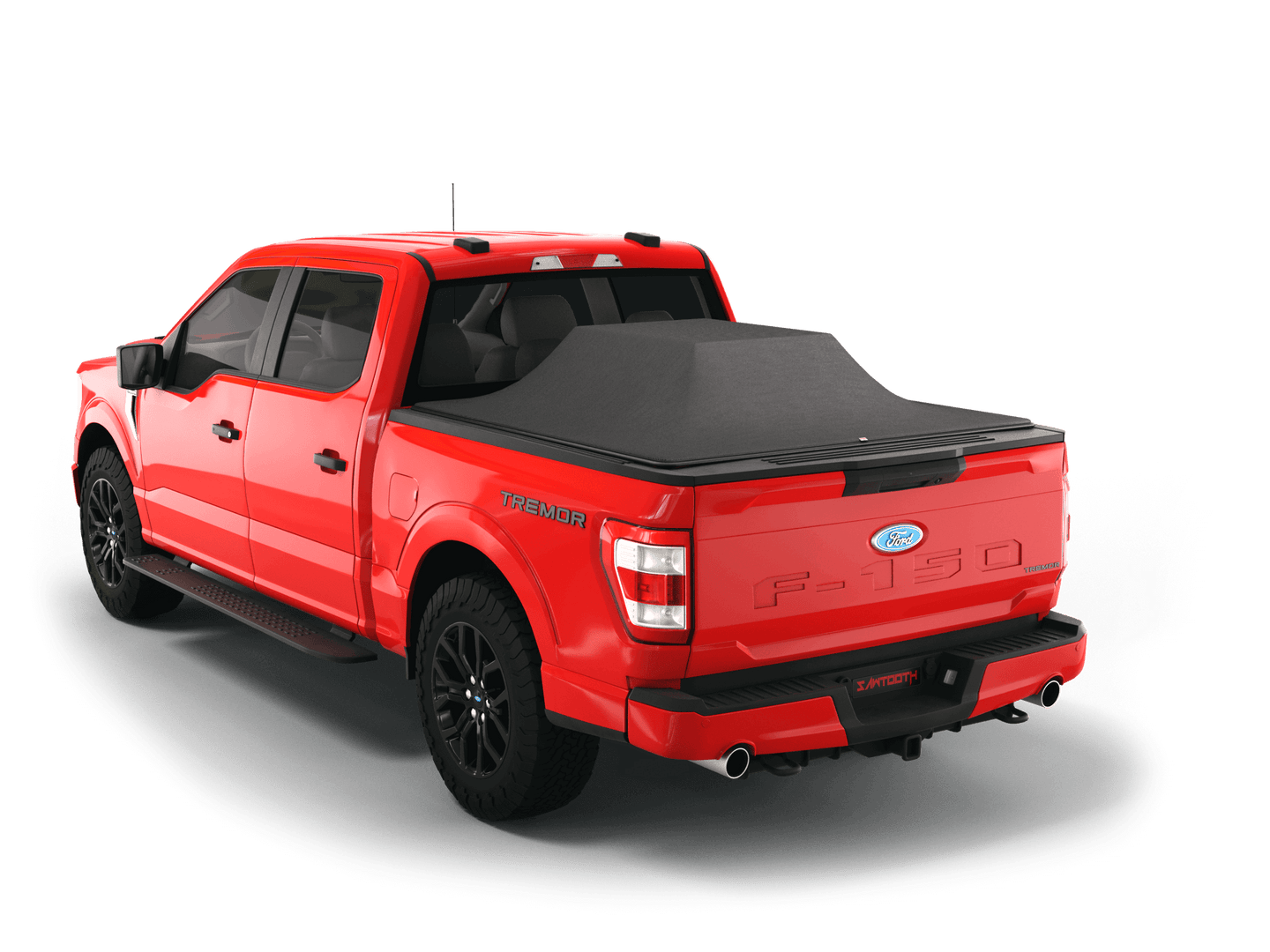 Red Ford F-150 with gear in the truck bed and the Sawtooth Stretch tonneau cover expanded over cargo load