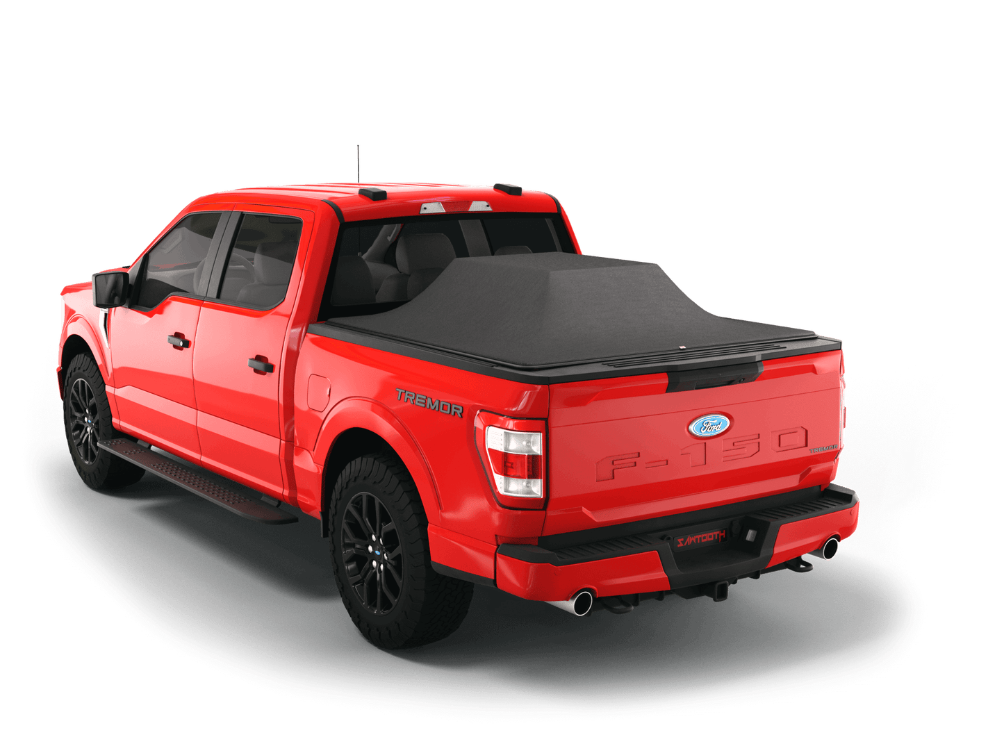 Red Ford F-250 / Ford F-350 with gear in the truck bed and the Sawtooth Stretch tonneau cover expanded over cargo load