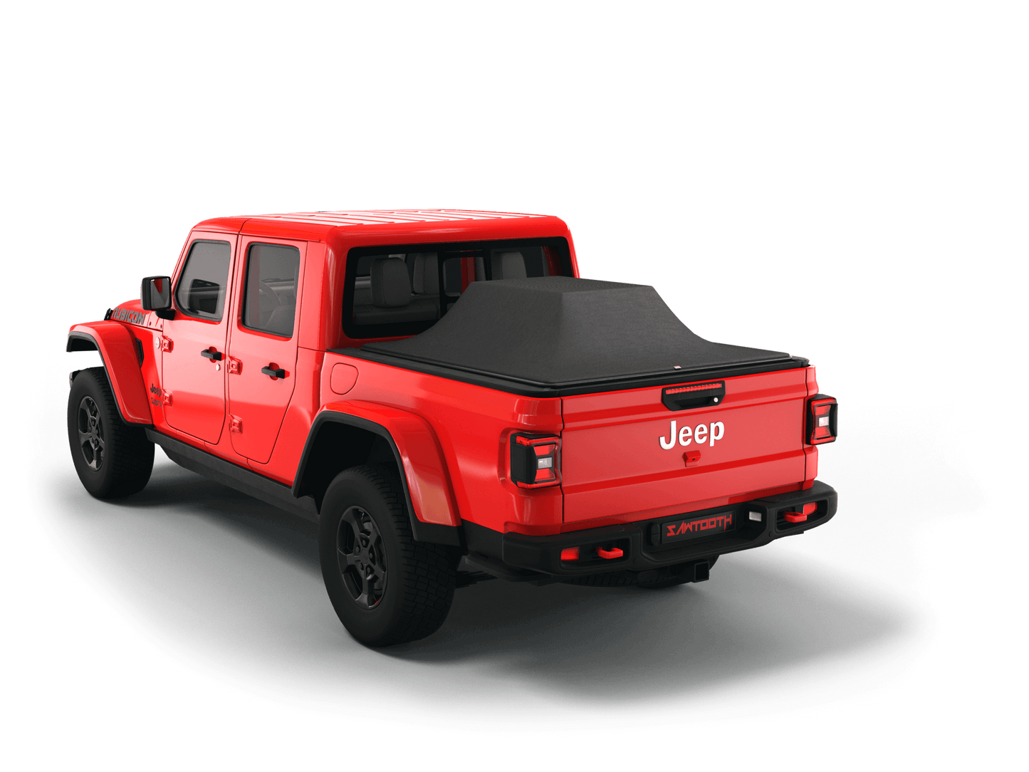 Red Jeep Gladiator with gear in the truck bed and the Sawtooth Stretch tonneau cover expanded over cargo load