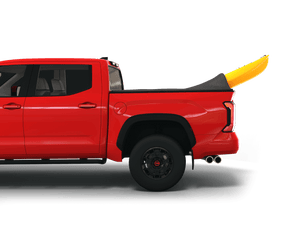 Red 2024 Toyota Tundra 5' 6" Bed with yellow kayak under sawtooth stretch truck bed cover