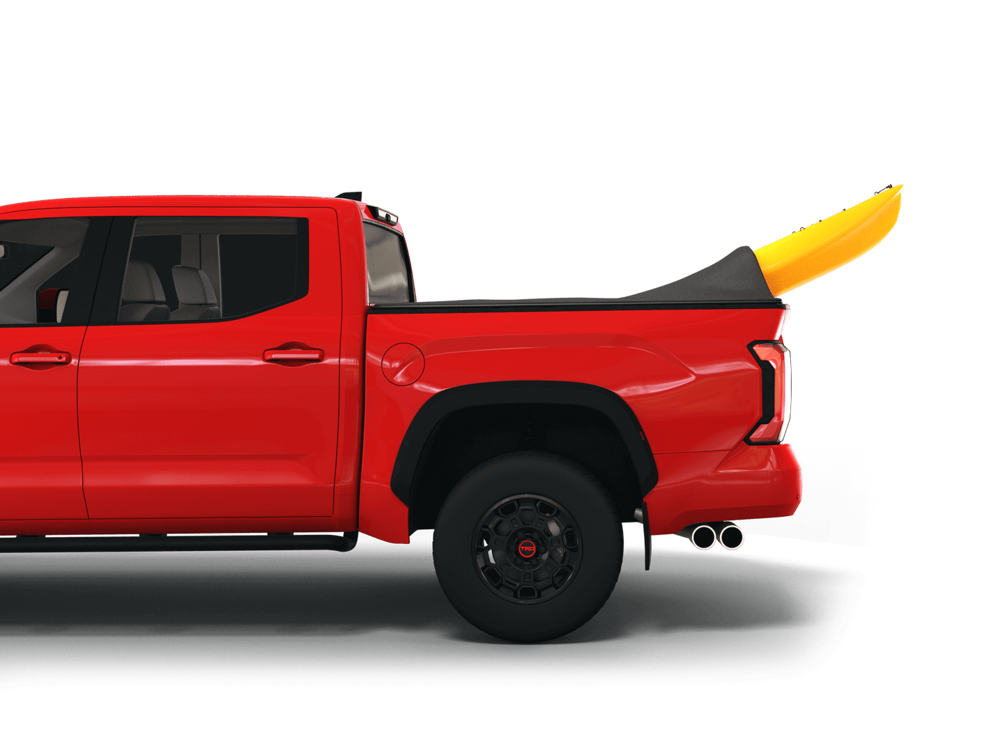 Red Toyota Tundra with yellow kayak under sawtooth stretch truck bed cover