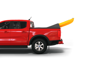 Red 2025 Ford Ranger 5' Bed with yellow kayak under sawtooth stretch truck bed cover
