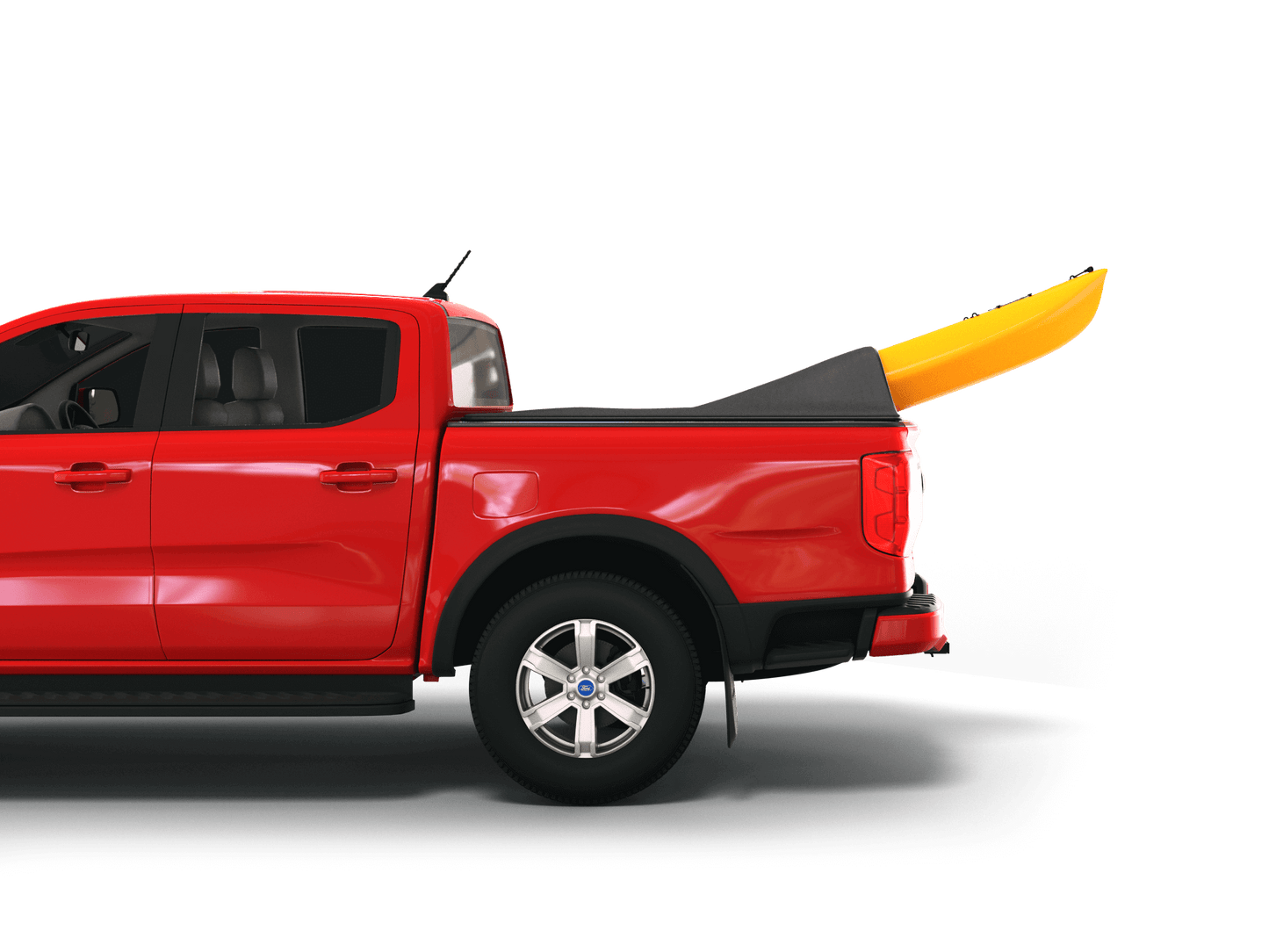 Red Ford Ranger with yellow kayak under sawtooth stretch truck bed cover