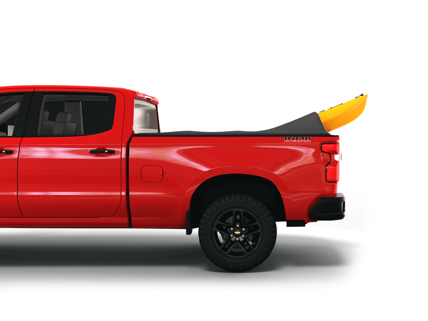 Red Chevrolet Silverado 2500HD / 3500 HD / GMC Sierra 2500HD / 3500HD with yellow kayak under sawtooth stretch truck bed cover