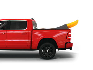 Red 2021 Ram 1500 6' 4" Bed with yellow kayak under sawtooth stretch truck bed cover