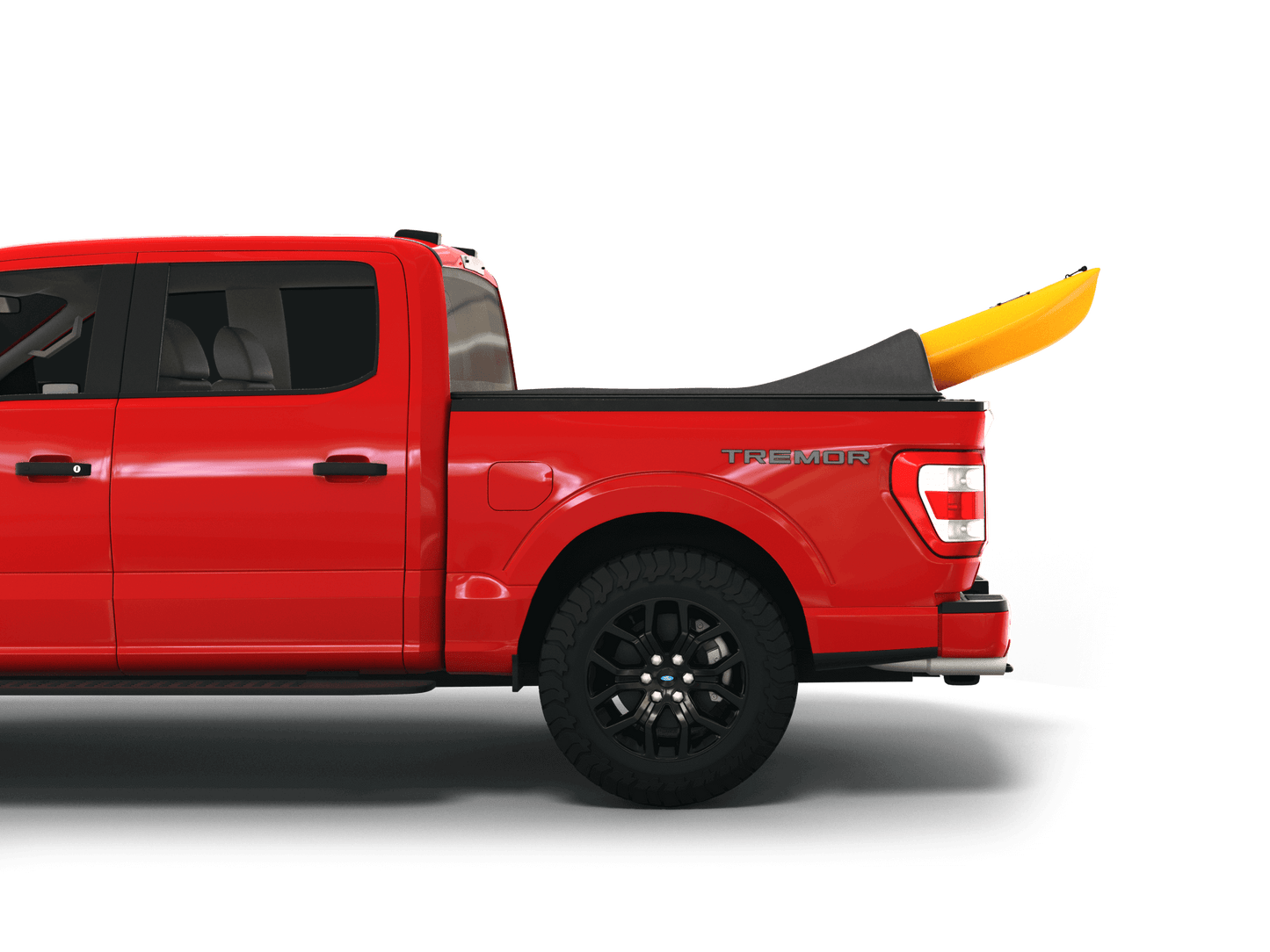 Red Ford F-150 with yellow kayak under sawtooth stretch truck bed cover