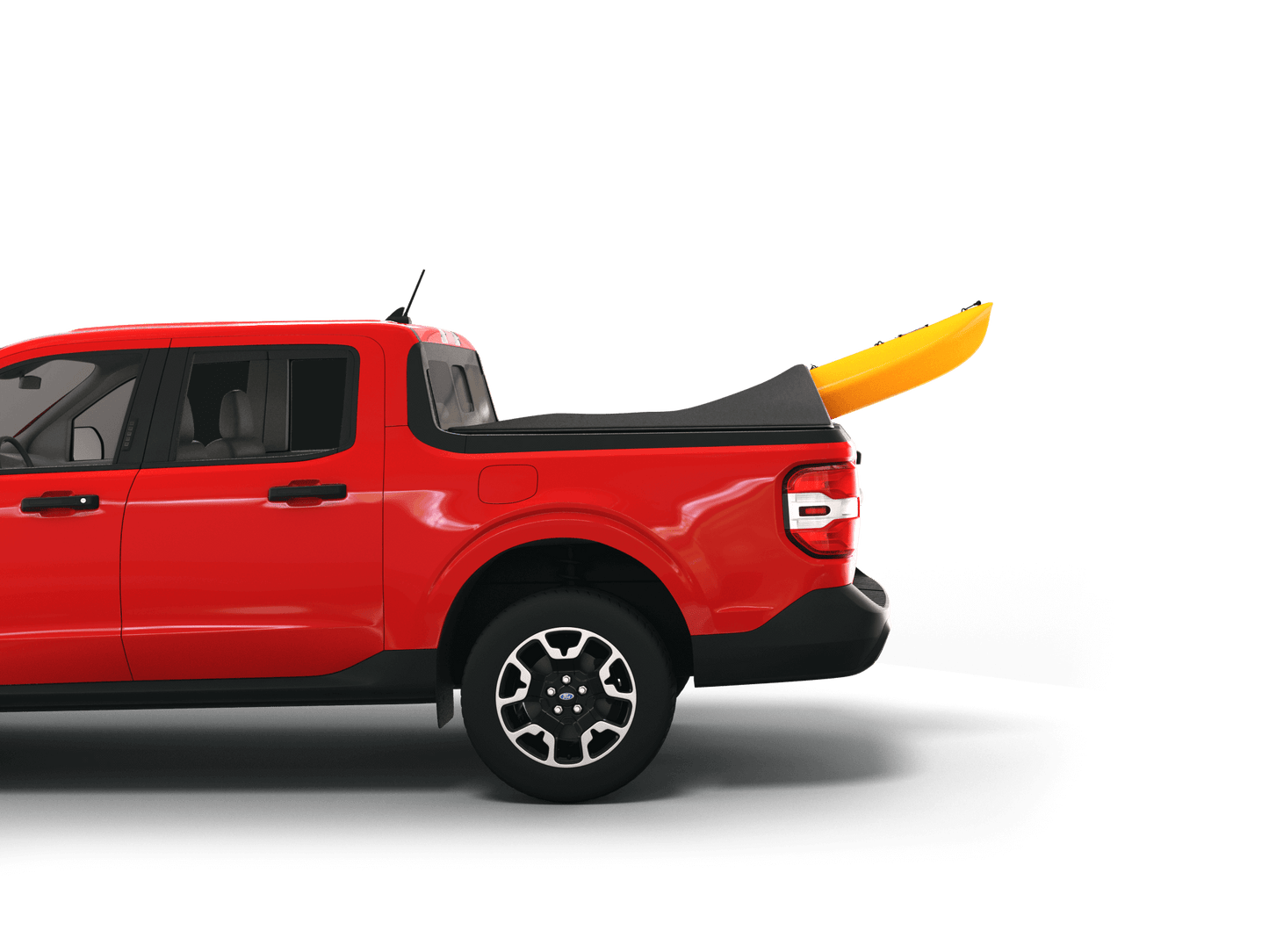 Red 2022 Ford Maverick with yellow kayak under sawtooth stretch truck bed cover