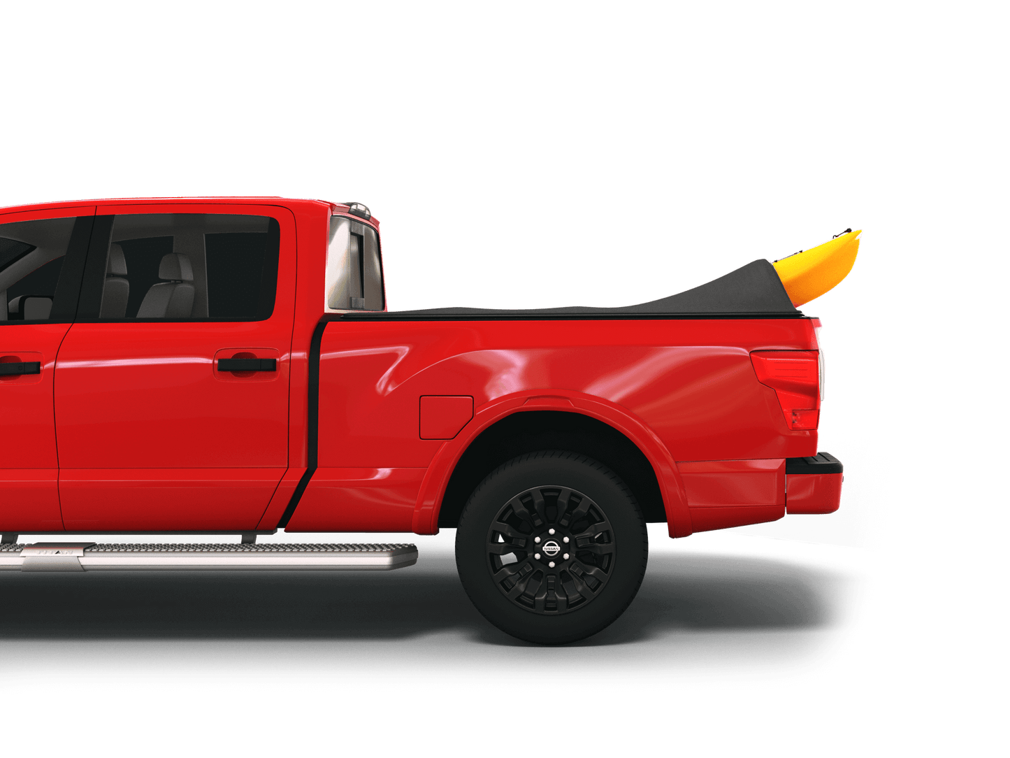 Red Nissan Titan with yellow kayak under sawtooth stretch truck bed cover