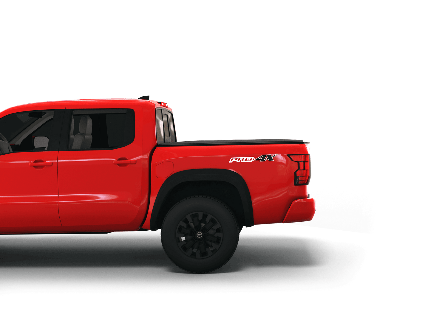 Red Nissan Frontier with Sawtooth Stretch expandable tonneau cover laying flat