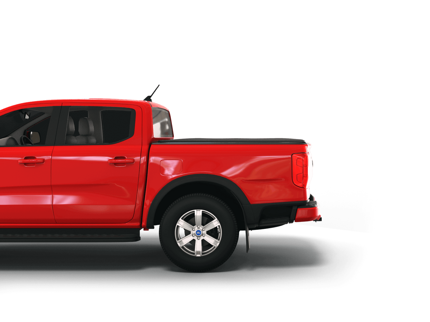 A red Ford pickup truck shown from the rear three-quarter side view, featuring a flat black Sawtooth STRETCH truck bed cover and silver multi-spoke alloy wheels, isolated on a white background.