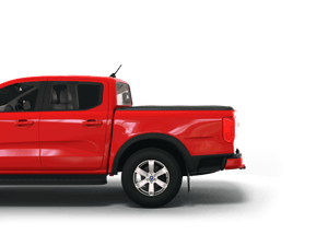 Red 2023 Ford Ranger 5' Bed with Sawtooth Stretch expandable tonneau cover laying flat