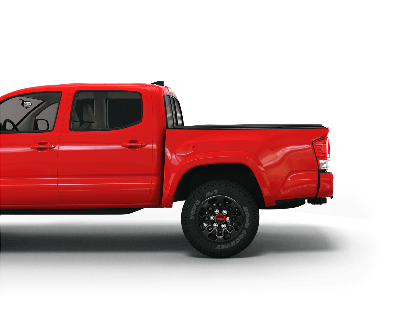 Red Toyota Tacoma with Sawtooth Stretch expandable tonneau cover laying flat