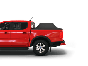 Red 2024 Ford Ranger 5' Bed with Sawtooth Stretch tonneau cover expanded over cargo load