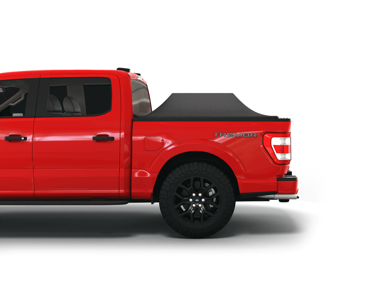 Red Ford F-150 with Sawtooth Stretch tonneau cover expanded over cargo load