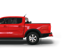 Red 2025 Ford Ranger 5' Bed with Sawtooth Stretch expandable pickup truck bed cover rolled up at cab