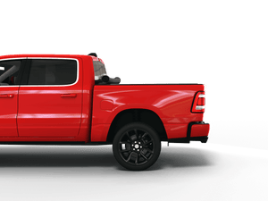 Red 2024 Ram 1500 6' 4" Bed with Sawtooth Stretch expandable pickup truck bed cover rolled up at cab