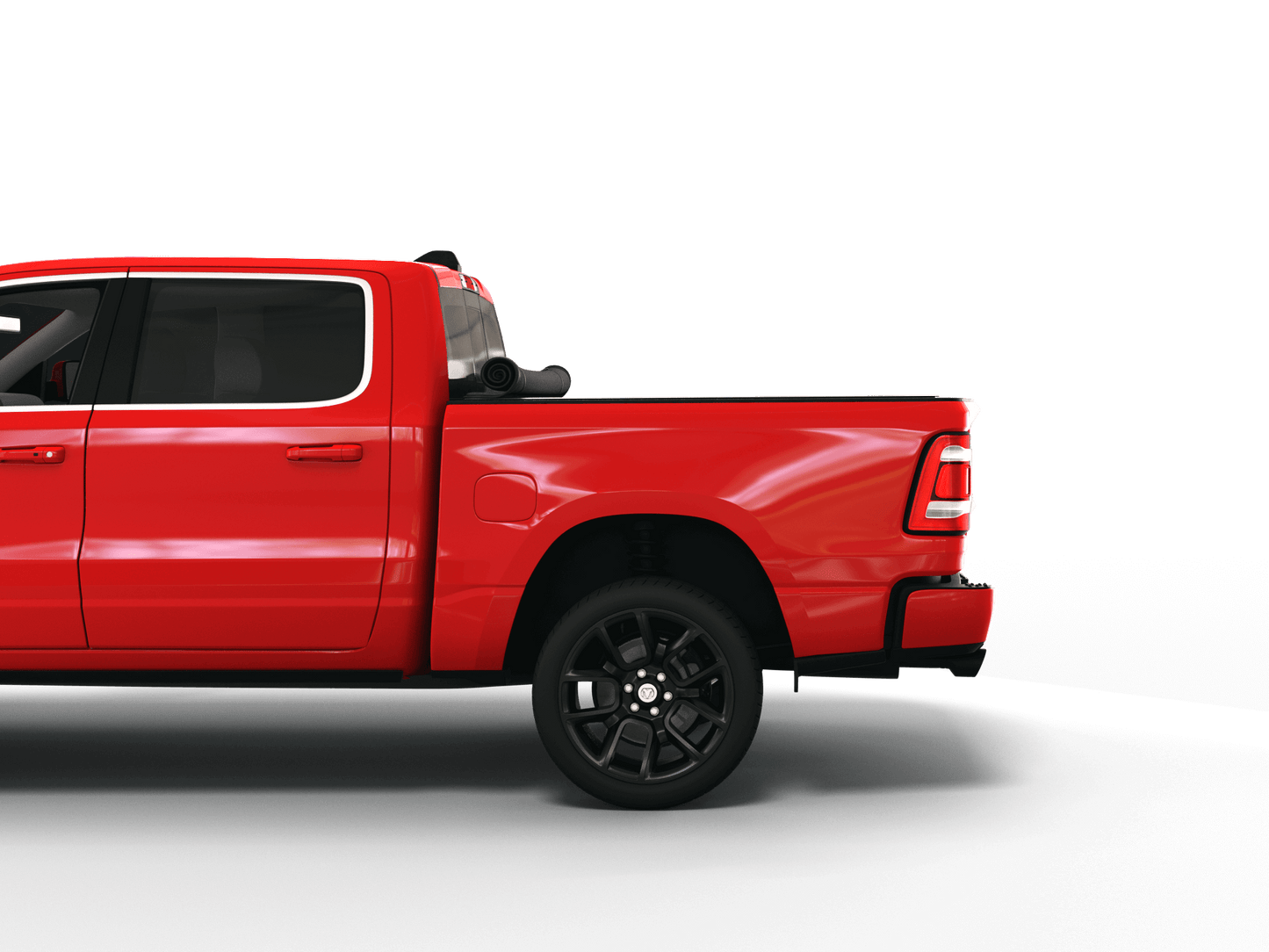 Red Ram 1500 with Sawtooth Stretch expandable pickup truck bed cover rolled up at cab