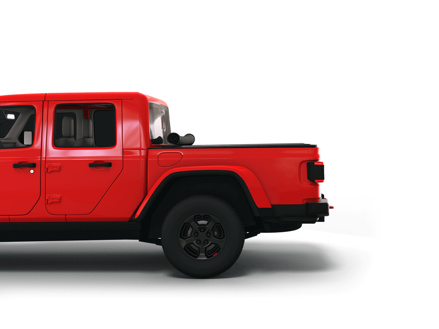 Red Jeep Gladiator with Sawtooth Stretch expandable pickup truck bed cover rolled up at cab