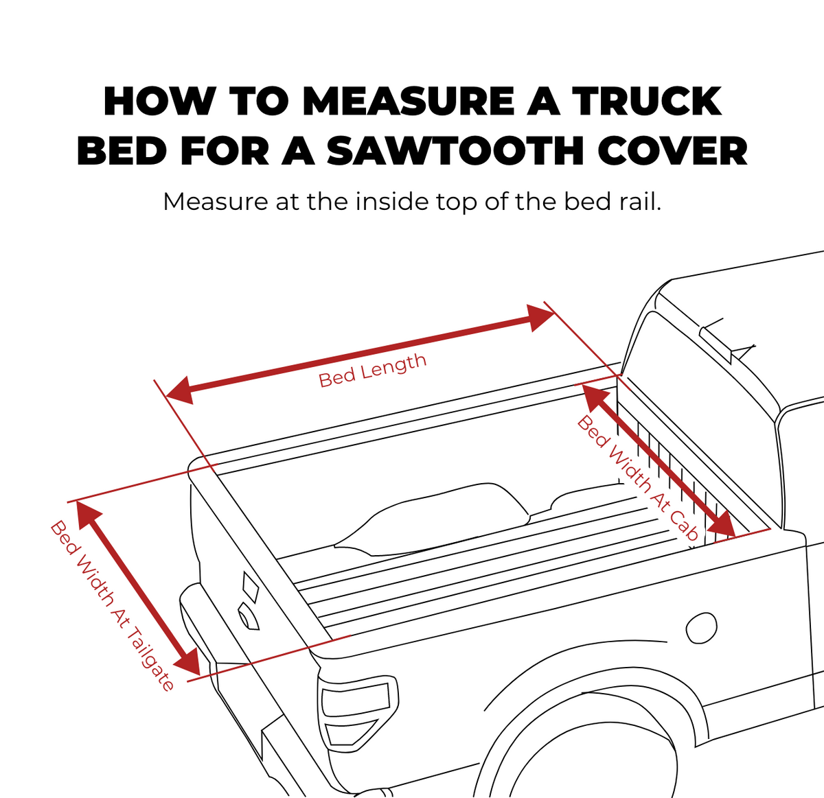 Instructional diagram showing how to measure a truck bed for a sawtooth cover, with labeled dimensions for bed length and bed width at cab and tailgate on a white background.