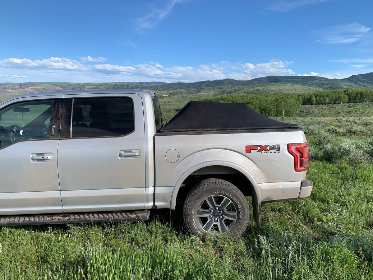 A silver Ford F-150 pickup truck parked outdoors in a grassy field under a blue sky, with a Sawtooth A.C.M.S. tonneau cover over the bed and a red FX4 badge visible on the rear quarter panel.