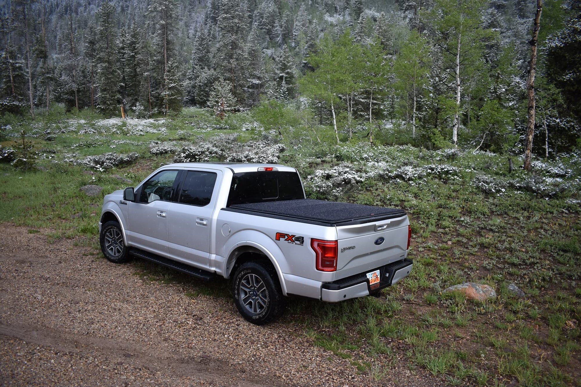 A silver Ford F-150 pickup truck with a black Sawtooth STRETCH A.C.M.S. tonneau cover is parked on a gravel path in a wooded outdoor setting with trees and shrubs in the background.