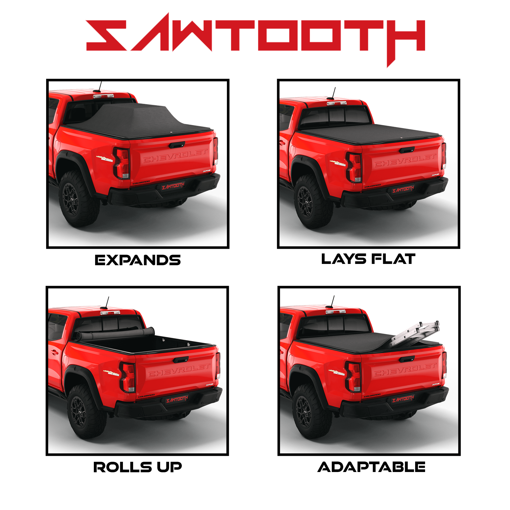 Red truck with black tonneau cover demonstrating expandable, flat, roll-up, and adaptable features on a white background.