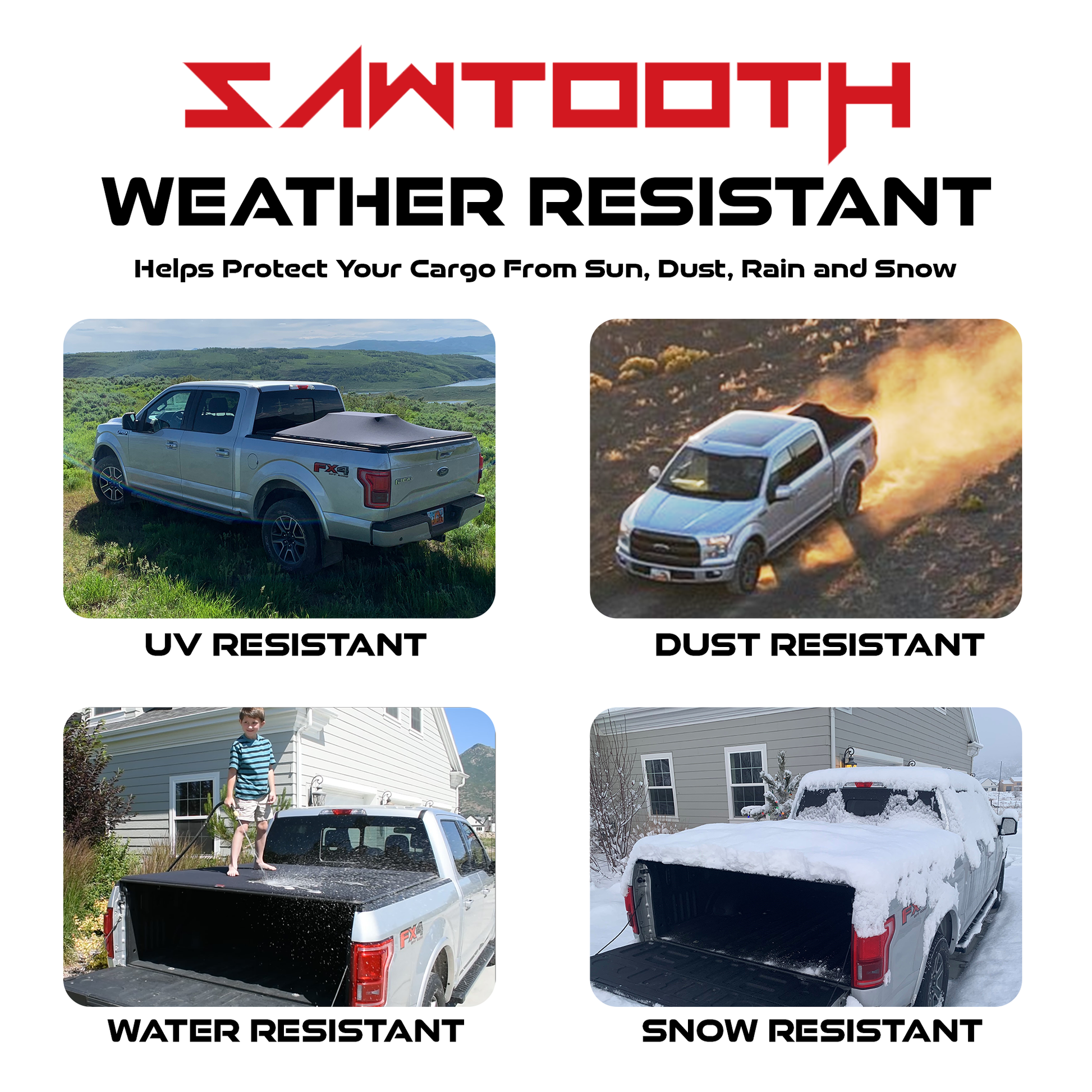 Advertisement for Sawtooth weather-resistant truck bed cover with images of a truck in various conditions.