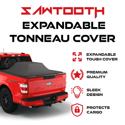 Red Sawtooth expandable tonneau cover shown installed on the bed of a red Ford F-150 pickup truck, with large marketing text and feature icons on a white background.