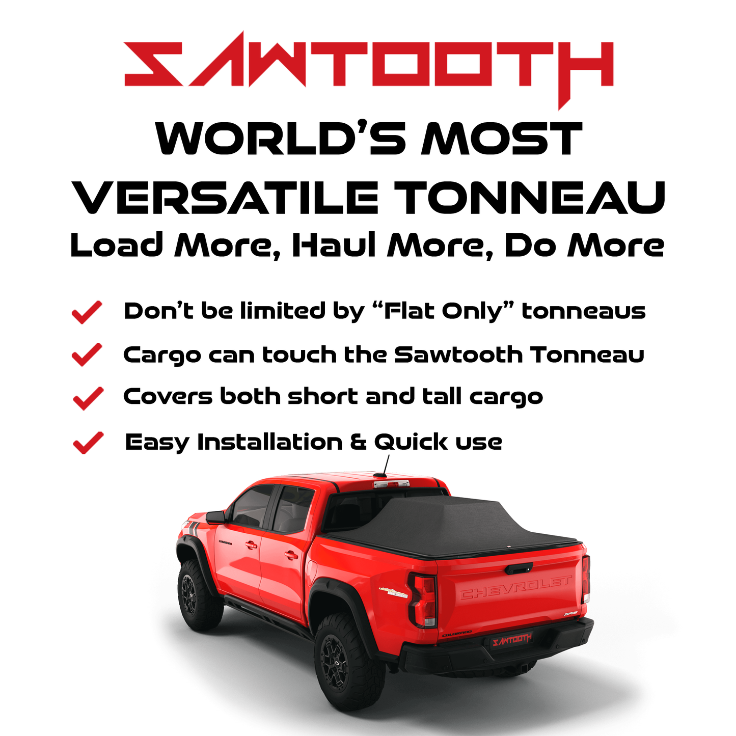 Promotional graphic for the Sawtooth Tonneau featuring a red pickup truck with a black tonneau cover on a white background, accompanied by marketing text and checkmarks.