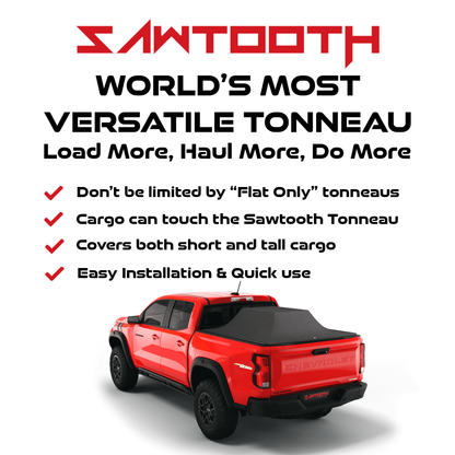 Promotional graphic for the Sawtooth Tonneau featuring a red pickup truck with a black tonneau cover on a white background, accompanied by marketing text and checkmarks.