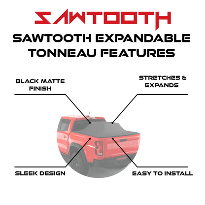 Promotional graphic for Sawtooth Expandable Tonneau Features, showing a red pickup truck with a dark tonneau cover and callout lines highlighting matte finish, stretchability, sleek design, and easy installation.