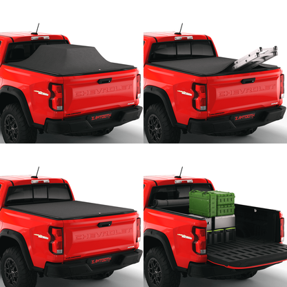 Sawtooth STRETCH on Chevy Colorado shown expanded, over a ladder, flat, and rolled open with cargo.