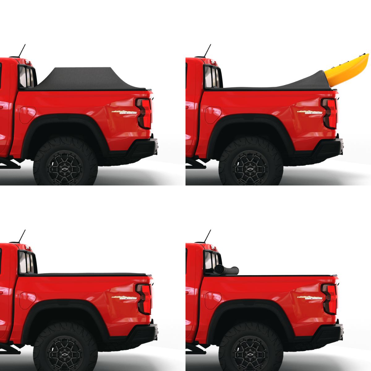 Sawtooth STRETCH on Chevy Colorado shown expanded, carrying a kayak above the bed rails, flat, and rolled open.