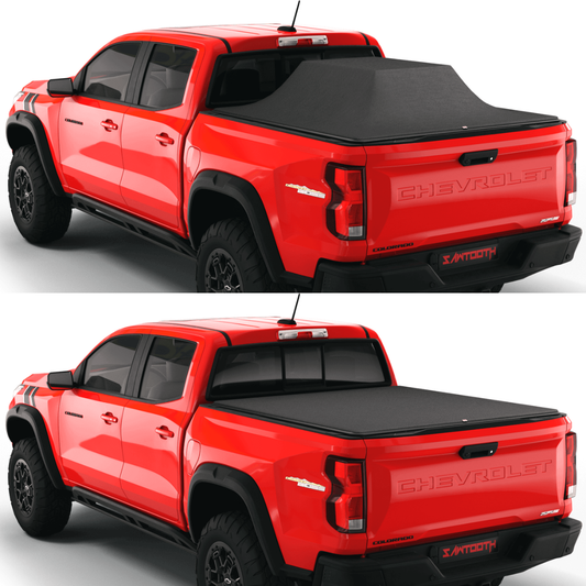 Sawtooth STRETCH on Chevy Colorado shown expanded above the bed rails and flat in normal use.