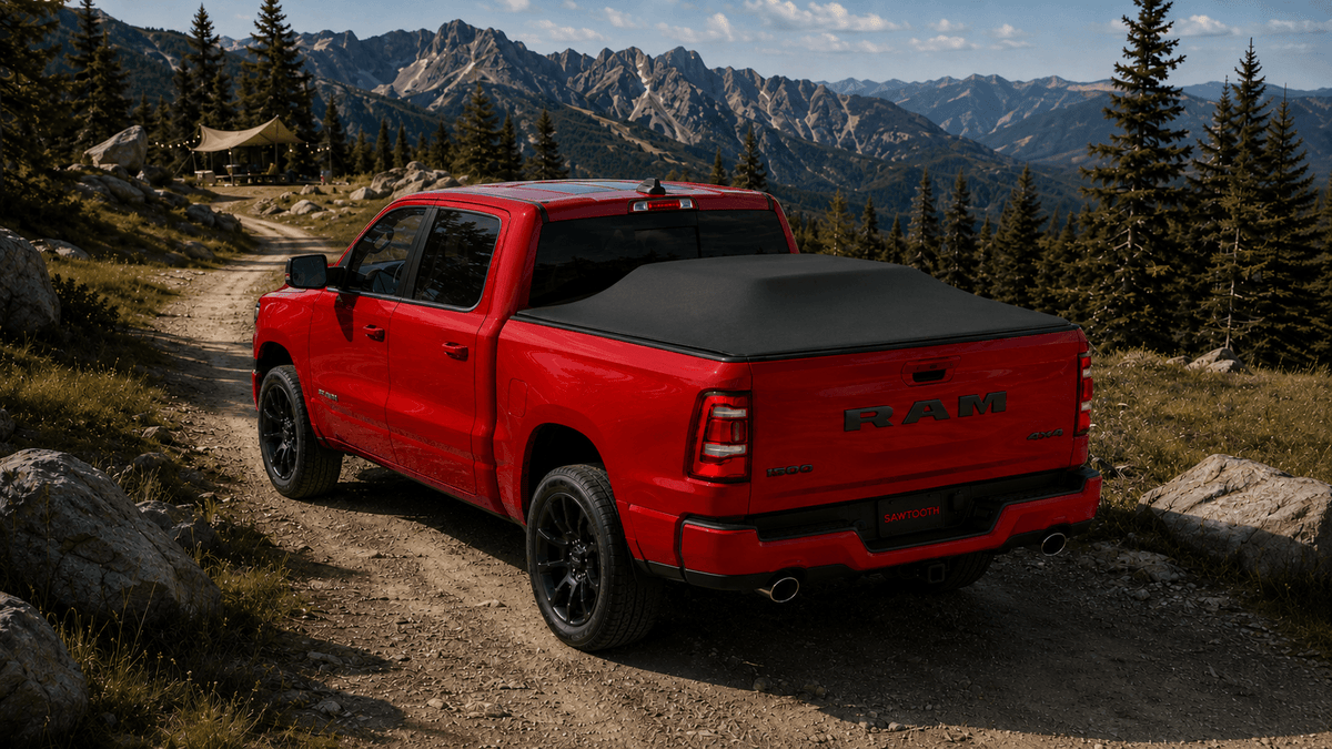 A red Ram pickup truck with a black tonneau cover is parked on a dirt mountain road with pine trees and rugged peaks in the background.