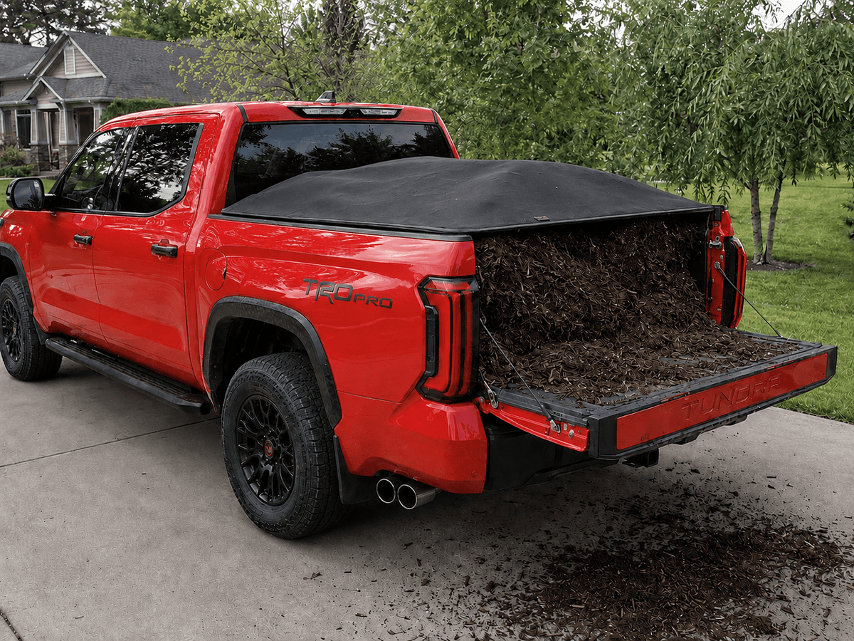 A red pickup truck parked on a driveway with the tailgate open, showing a black tonneau cover over the bed filled with mulch or wood chips. Trees and grass are visible in the background.