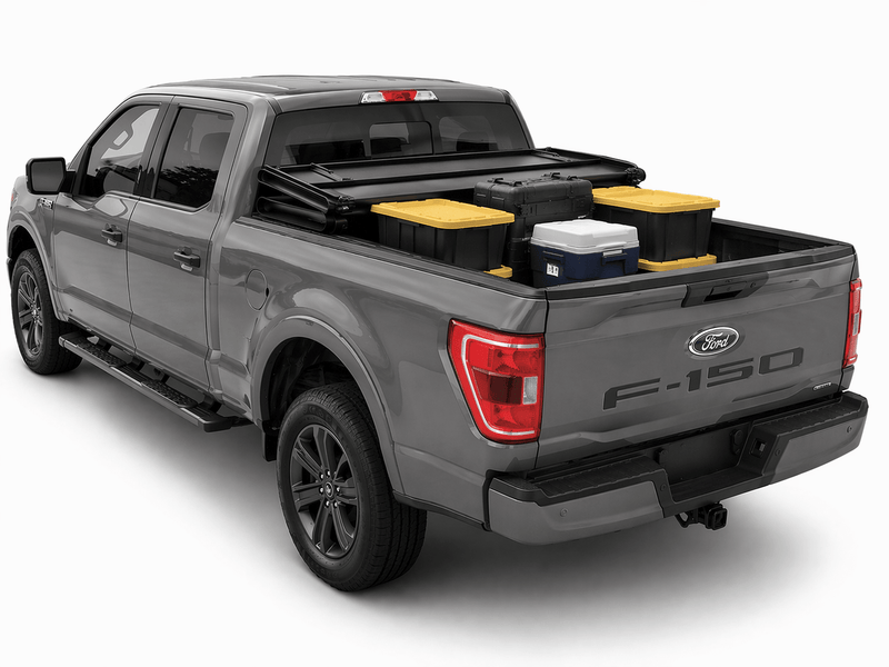 Gray Ford F-150 pickup truck with a retractable tonneau cover partially open, showing storage bins and cooler in the truck bed.
