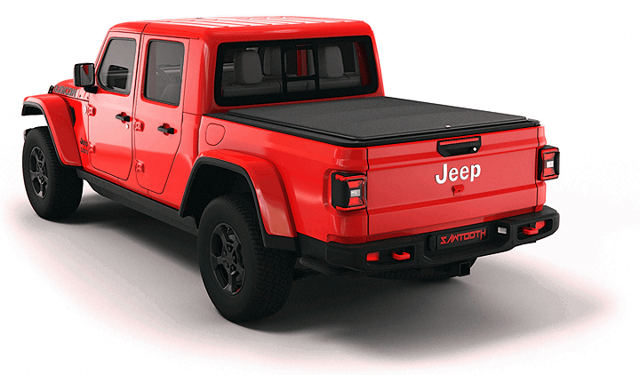 Red Jeep Gladiator pickup truck with black tonneau cover viewed from rear