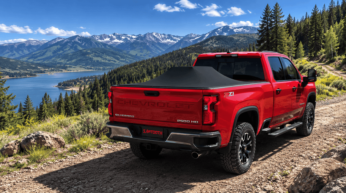 A red Chevrolet Silverado 1500 pickup truck parked on a dirt road with a scenic mountain lake and pine forest in the background.