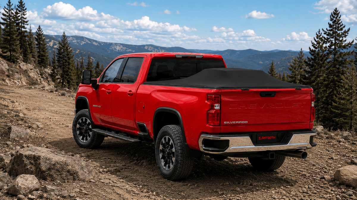 A red pickup truck with a black tonneau cover driving on a dirt mountain road, with pine trees and blue mountains in the background.