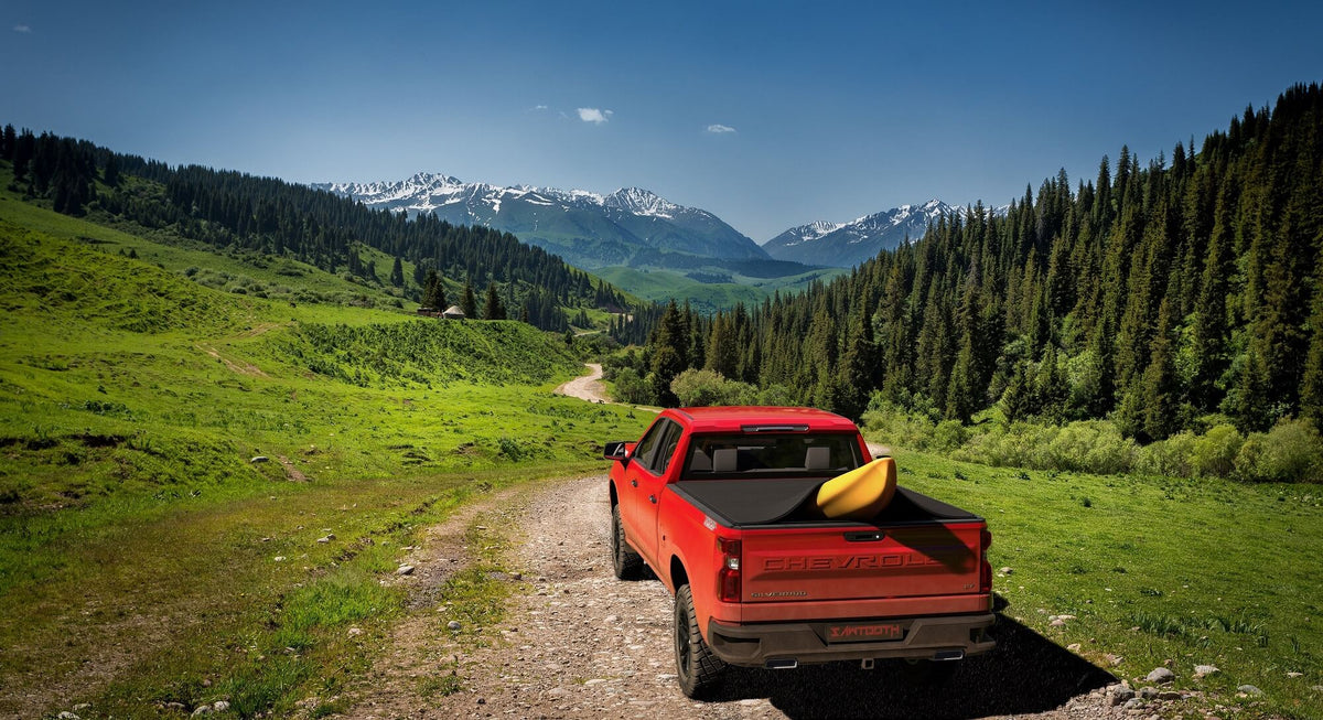 Red pickup truck on a scenic mountain trail with snow-capped mountains