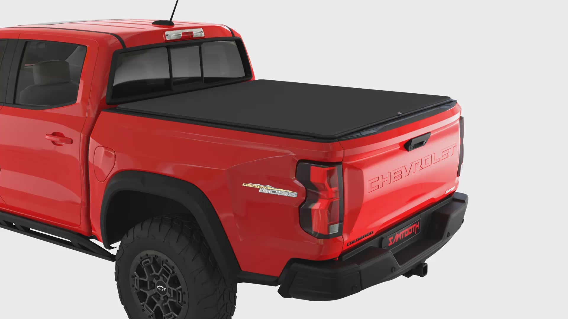 Sawtooth STRETCH video showing how the expandable tonneau works on a red pickup truck with a white background.