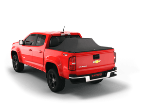 Red 2016 Chevrolet Colorado 6' 2" Bed / GMC Canyon 6' 2" Bed with loaded and expanded Sawtooth Stretch pickup truck bed cover