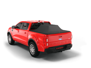 Red 2020 Ford Ranger with loaded and expanded Sawtooth Stretch pickup truck bed cover