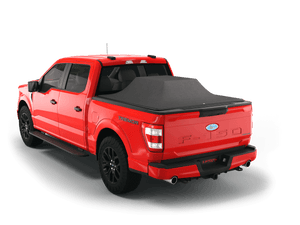 Red 2022 Ford F-150 5' 7" Bed with loaded and expanded Sawtooth Stretch pickup truck bed cover