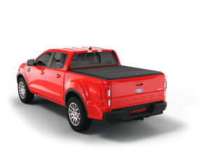 Red 2021 Ford Ranger with flat Sawtooth Stretch expandable tonneau cover
