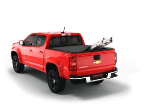 Red 2018 Chevrolet Colorado 5' 2" Bed / GMC Canyon 5' 2" Bed with ladder sticking out of Sawtooth Stretch expandable truck bed cover