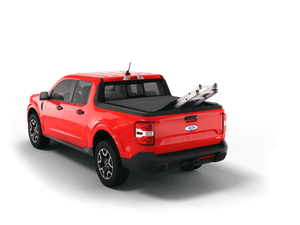 Red 2025 Ford Maverick with ladder sticking out of Sawtooth Stretch expandable truck bed cover